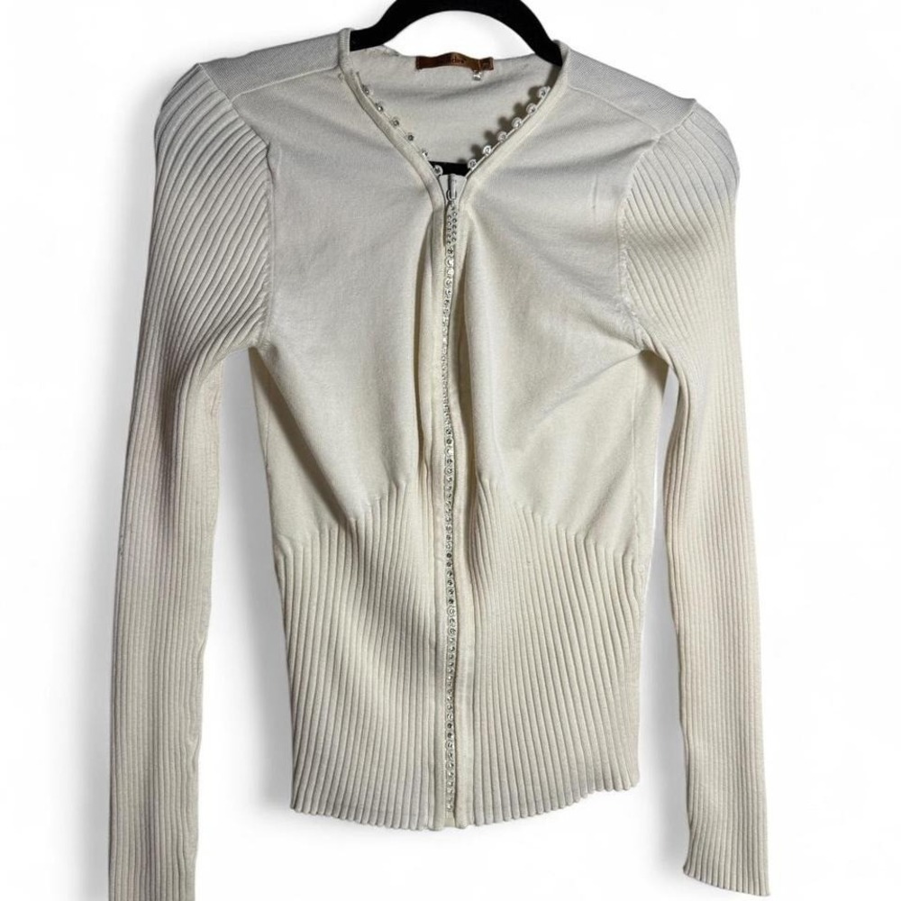 Cream & white zip-up sweater size medium M with rhinestone studded zipper